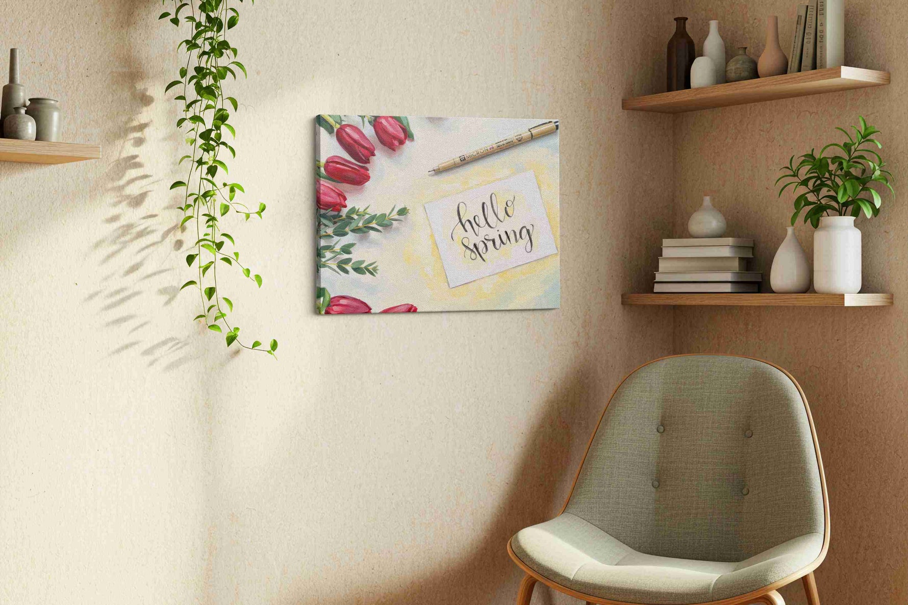 Tulip Greetings of Spring spring canvas print styled in a living room