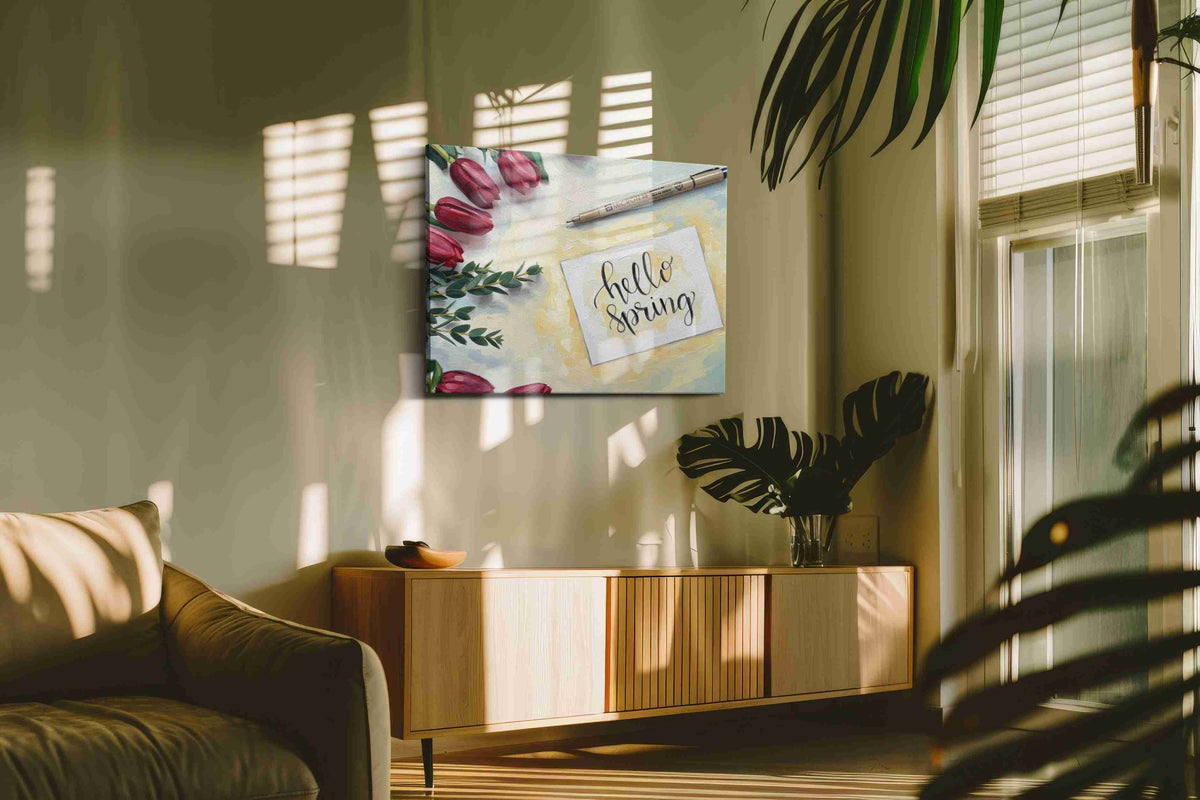 Tulip Greetings of Spring spring canvas print, on wall, lifestyle preview