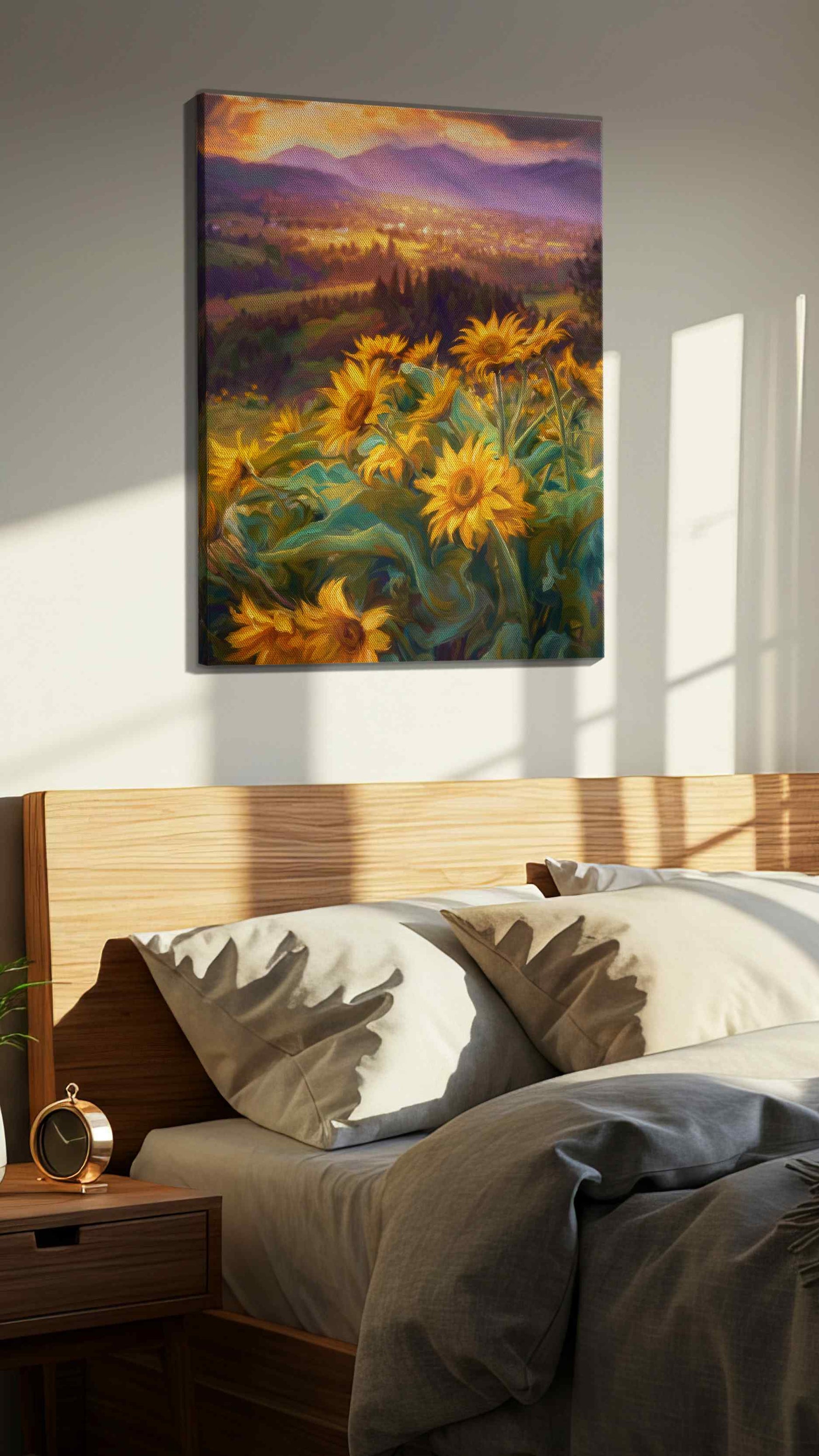 Sunlit Whispers of the Valley landscape canvas print, displayed in a bedroom