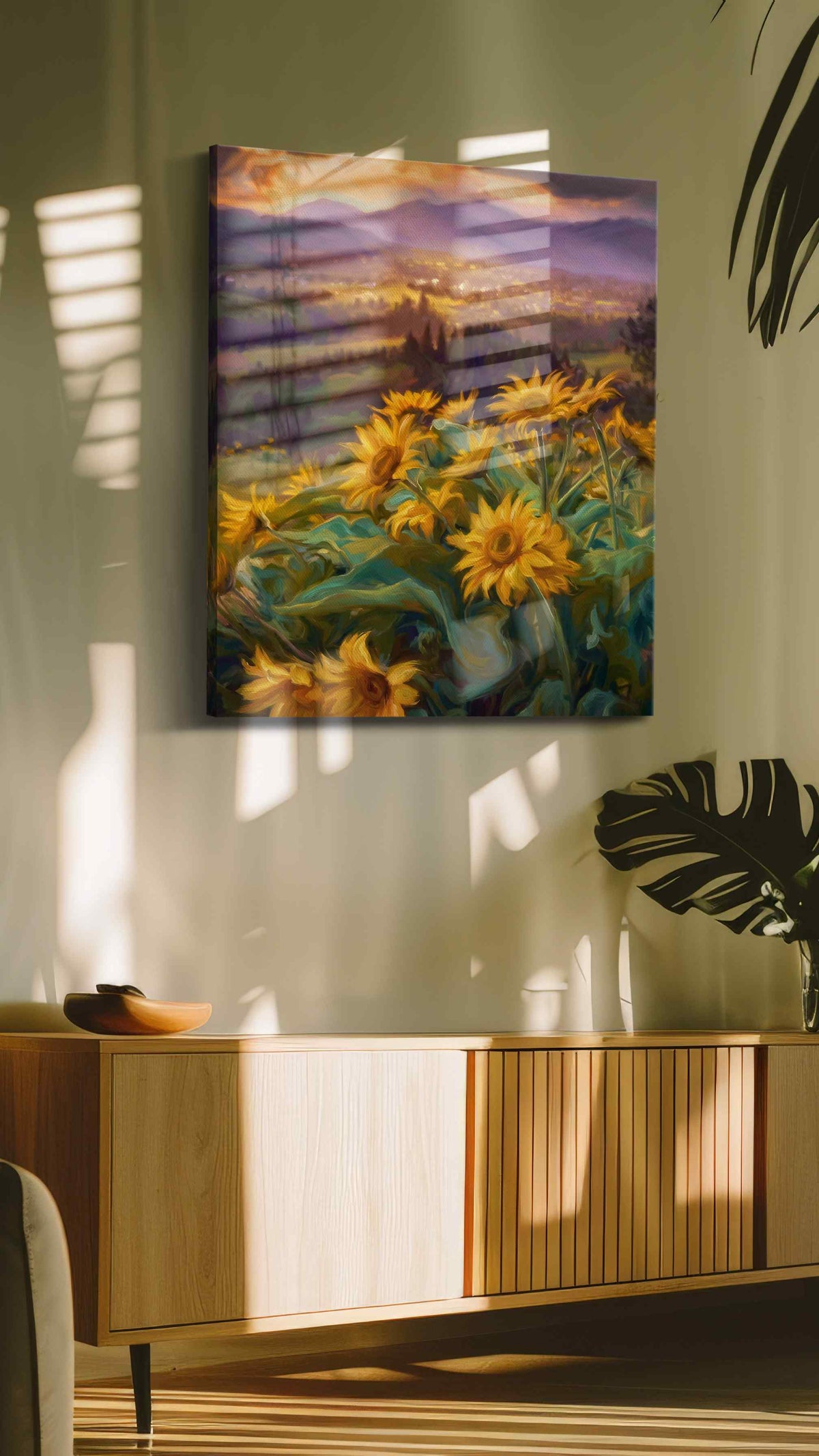 Sunlit Whispers of the Valley landscape canvas print in a hung canvas mockup