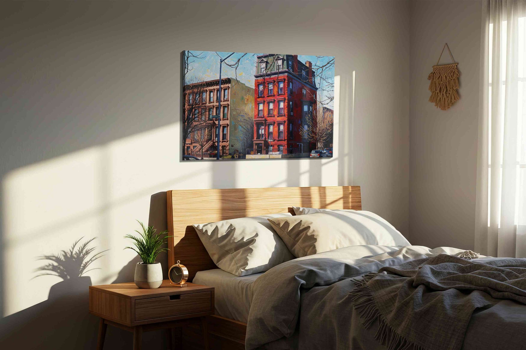 Brick Symphony at Dusk urban canvas print, displayed in a bedroom