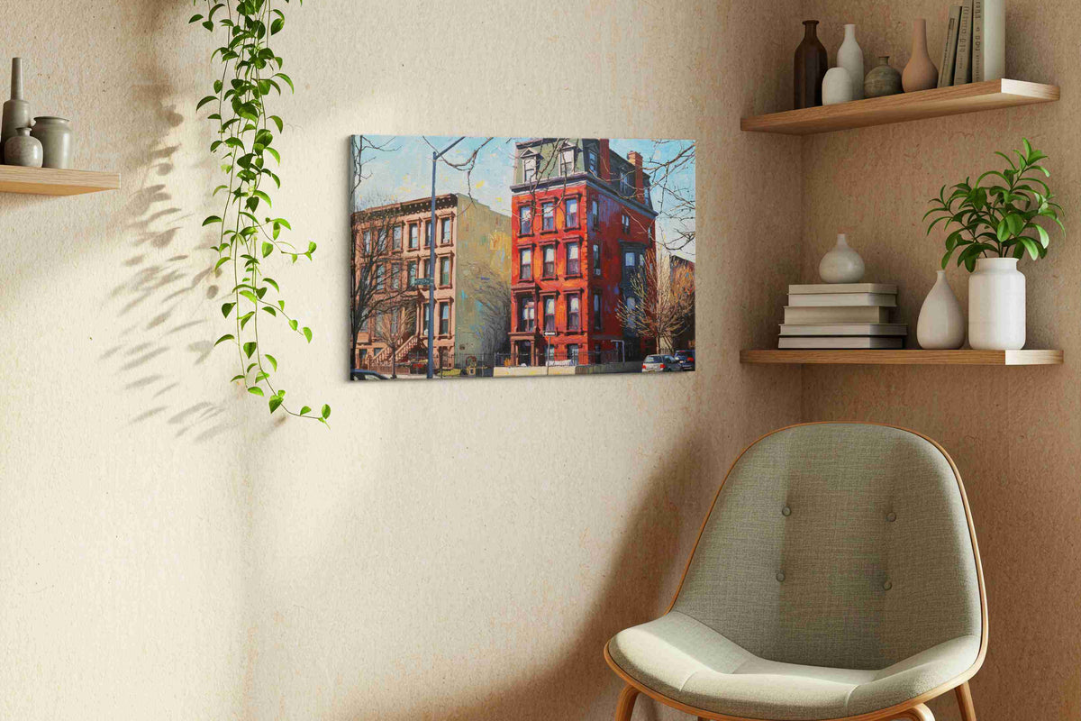 Brick Symphony at Dusk urban canvas print, displayed in a living room