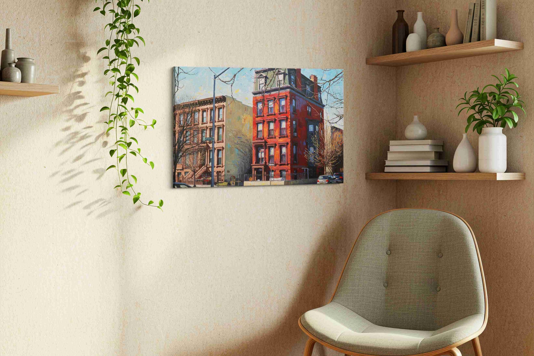 Brick Symphony at Dusk urban canvas print, displayed in a living room