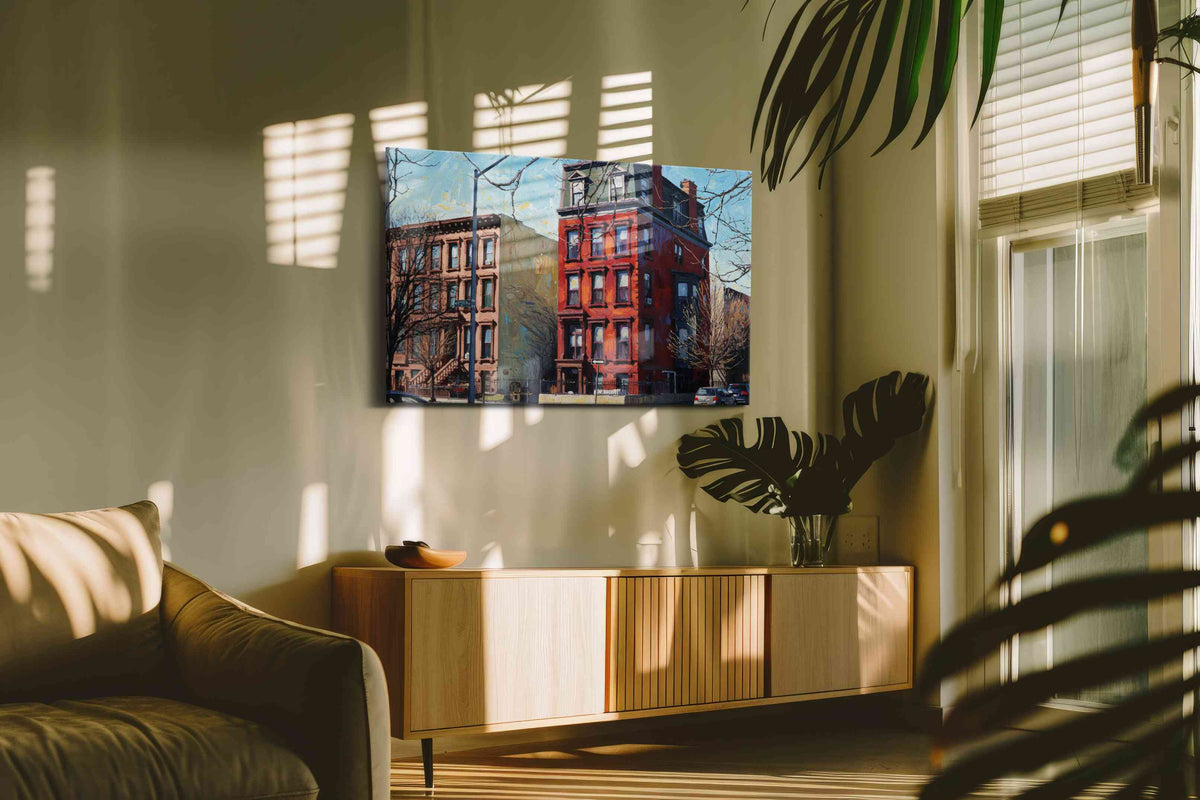 Brick Symphony at Dusk urban canvas print in a contemporary interior mockup