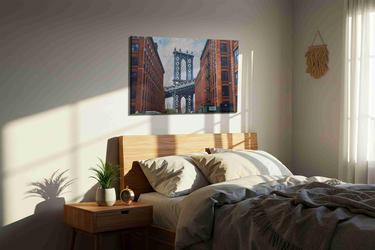 Brooklyn Dreams urban canvas print, displayed in a bedroom