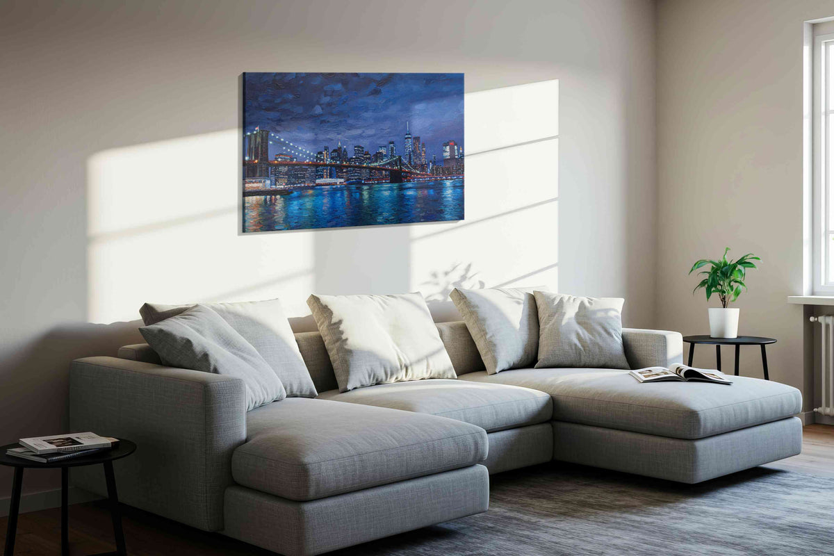City Lights Symphony urban canvas print, displayed in a living room