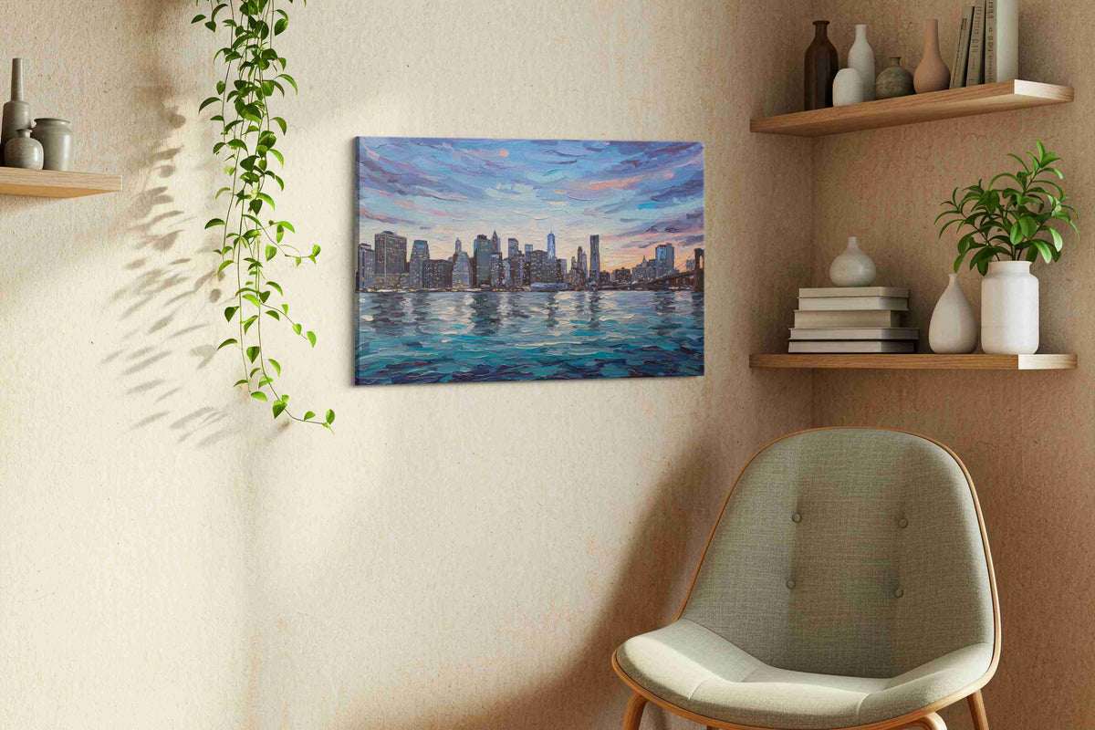 City Lights Symphony II urban canvas print, displayed in a living room