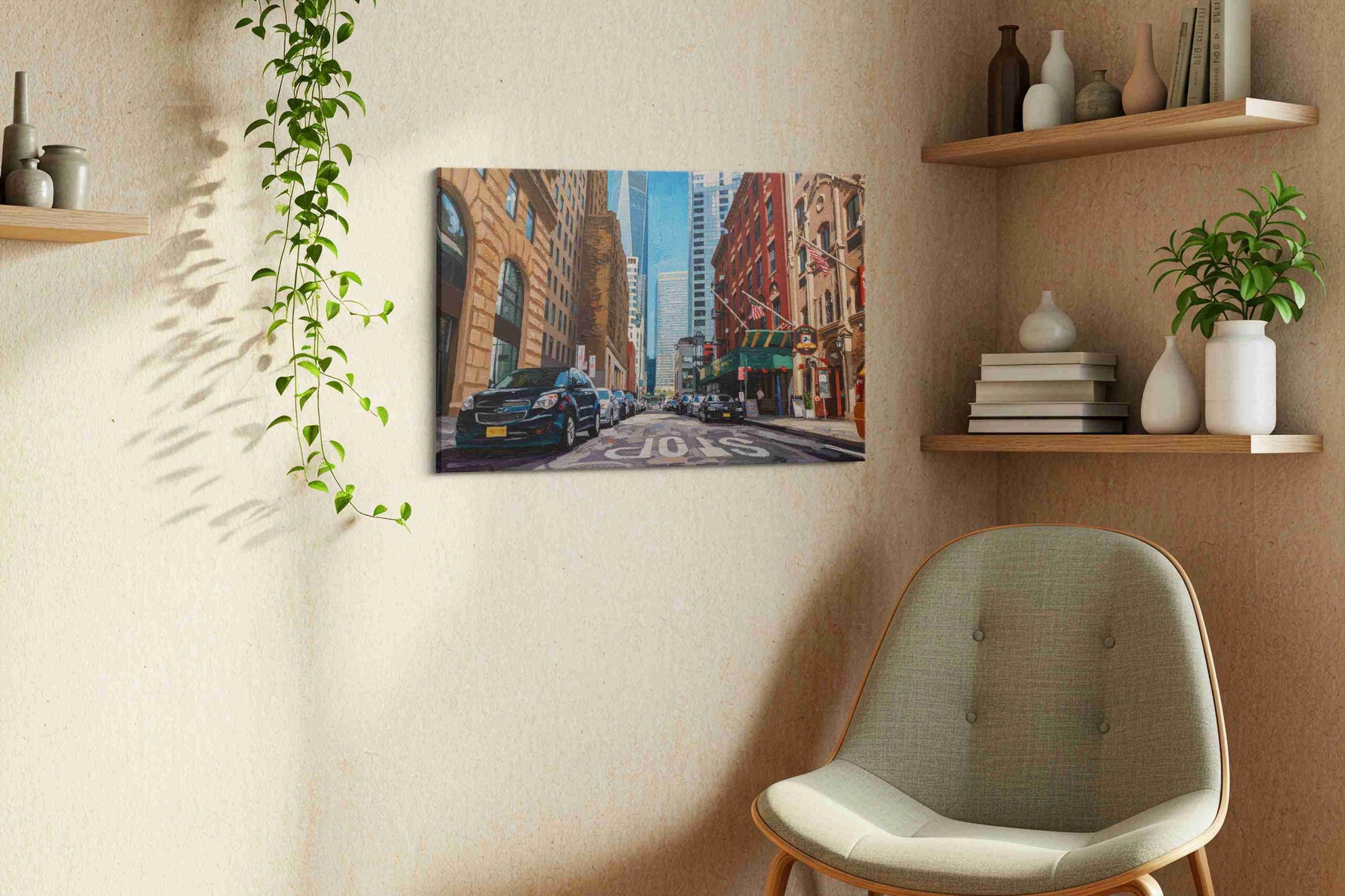 City Pulse urban canvas print, displayed in a living room