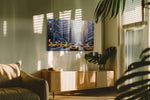 City Pulse Yellow Taxis in Motion urban canvas print, displayed in a living room