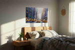City Pulse Yellow Taxis in Motion urban canvas print, displayed in a bedroom