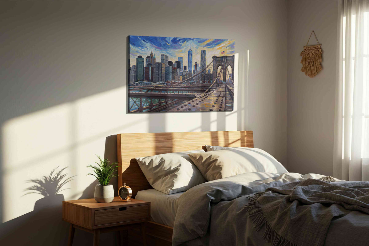 City Symphony at Dusk urban canvas print, displayed in a bedroom