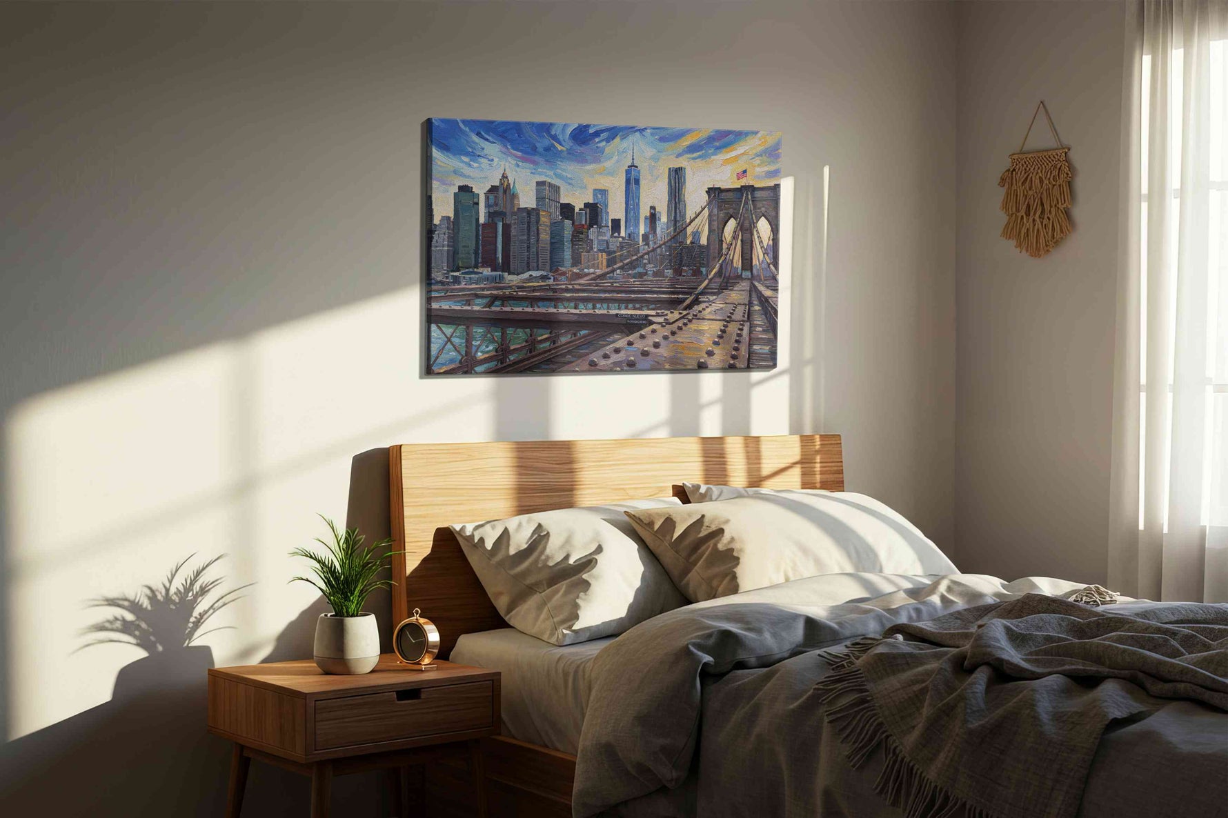 City Symphony at Dusk urban canvas print, displayed in a bedroom