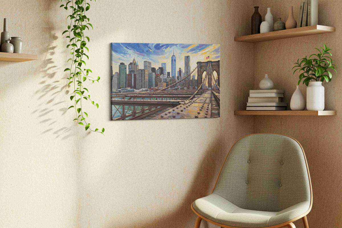 City Symphony at Dusk urban canvas print, displayed in a living room