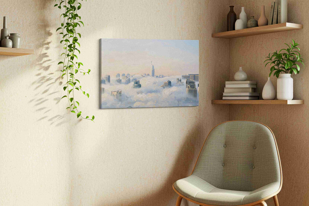 City in the Clouds urban canvas print, displayed in a living room