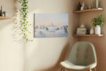 City in the Clouds urban canvas print, displayed in a living room