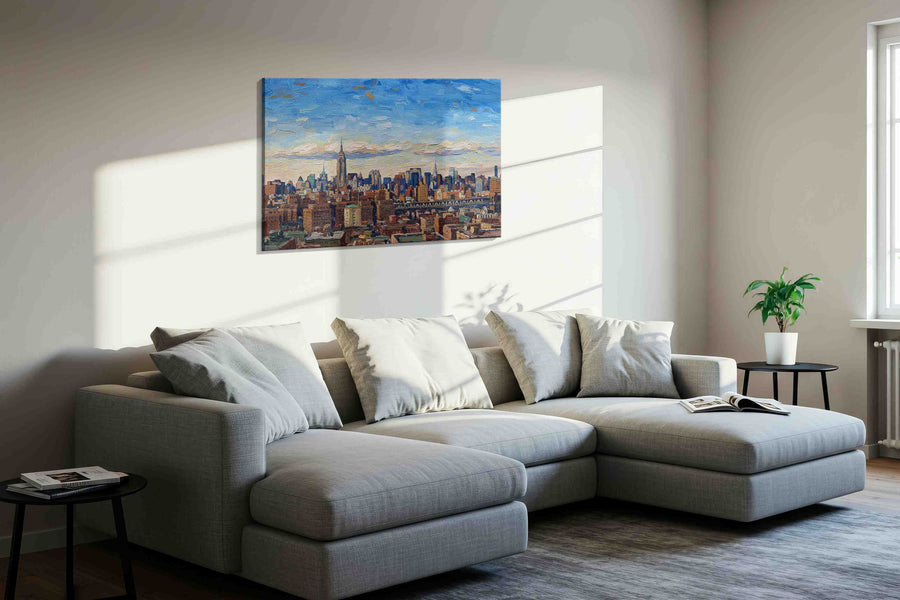 Cityscape Symphony in Blue urban canvas print, displayed in a living room