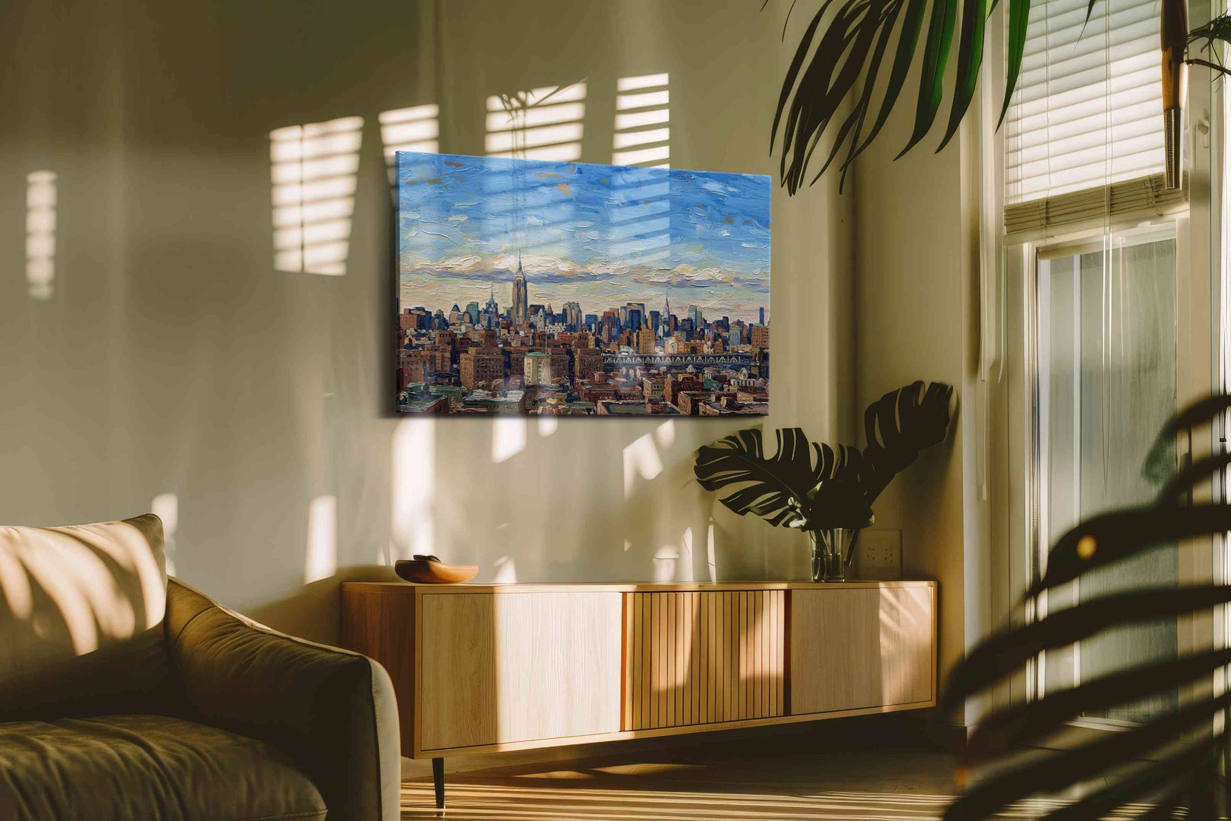 Cityscape Symphony in Blue urban canvas print in a hung canvas mockup
