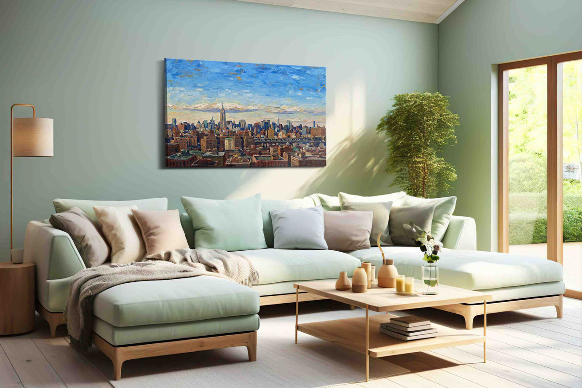 Cityscape Symphony in Blue urban canvas print, hanging on wall