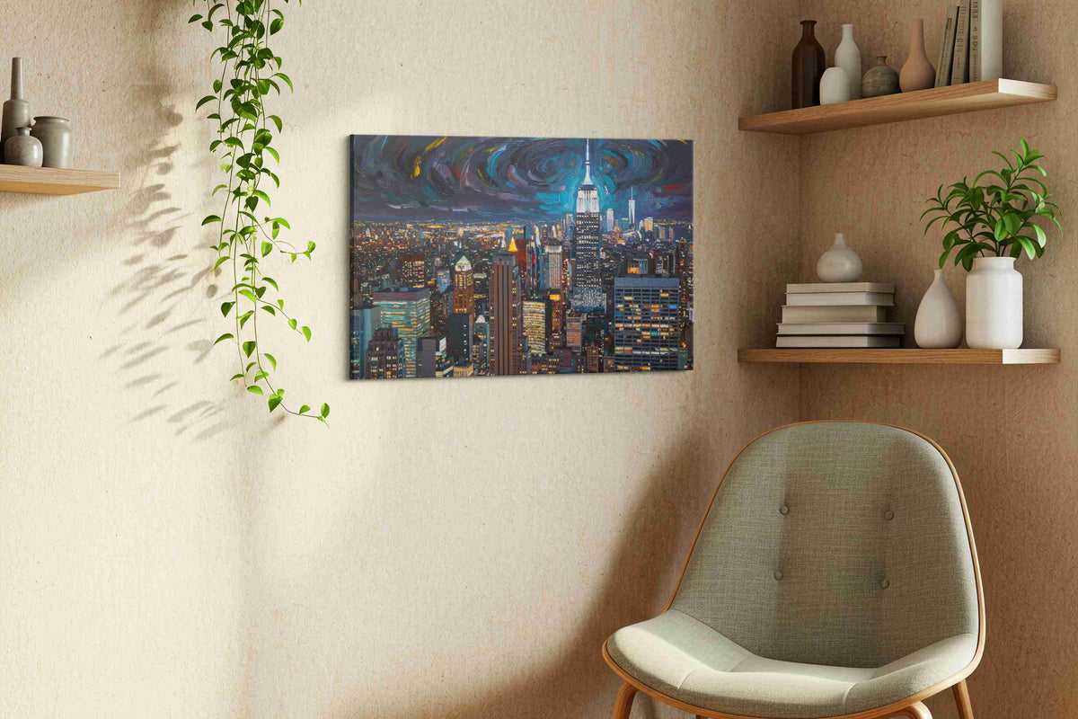 Cosmic Night Over the City urban canvas print, displayed in a living room