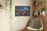 Cosmic Night Over the City urban canvas print, displayed in a living room