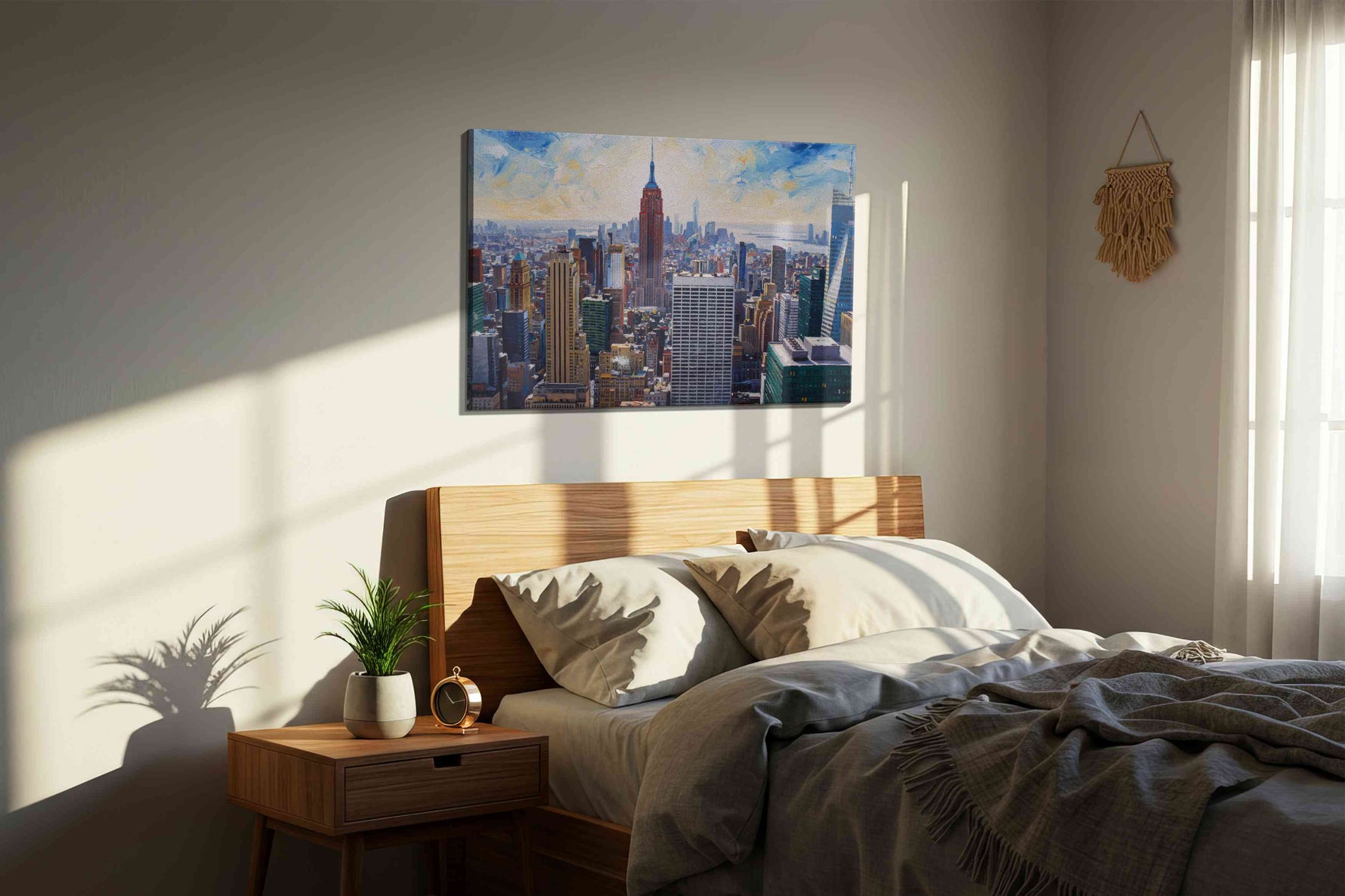 Empire's Eternal Horizon urban canvas print, displayed in a bedroom
