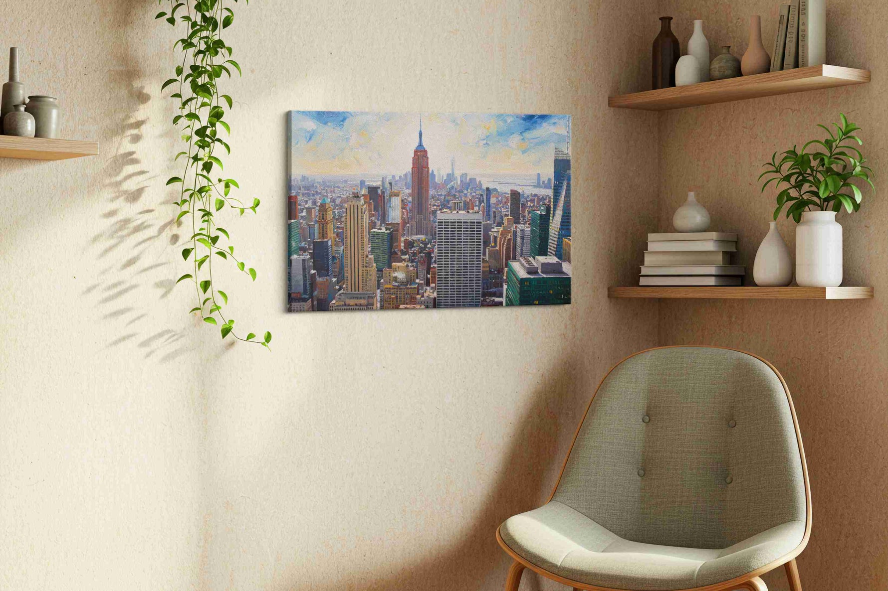 Empire's Eternal Horizon urban canvas print, displayed in a living room
