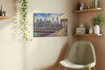 Gleaming Spires and Skies urban canvas print, displayed in a living room