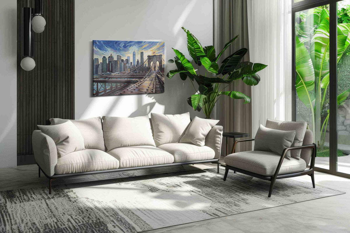 Gleaming Spires and Skies urban canvas print, on wall, lifestyle preview