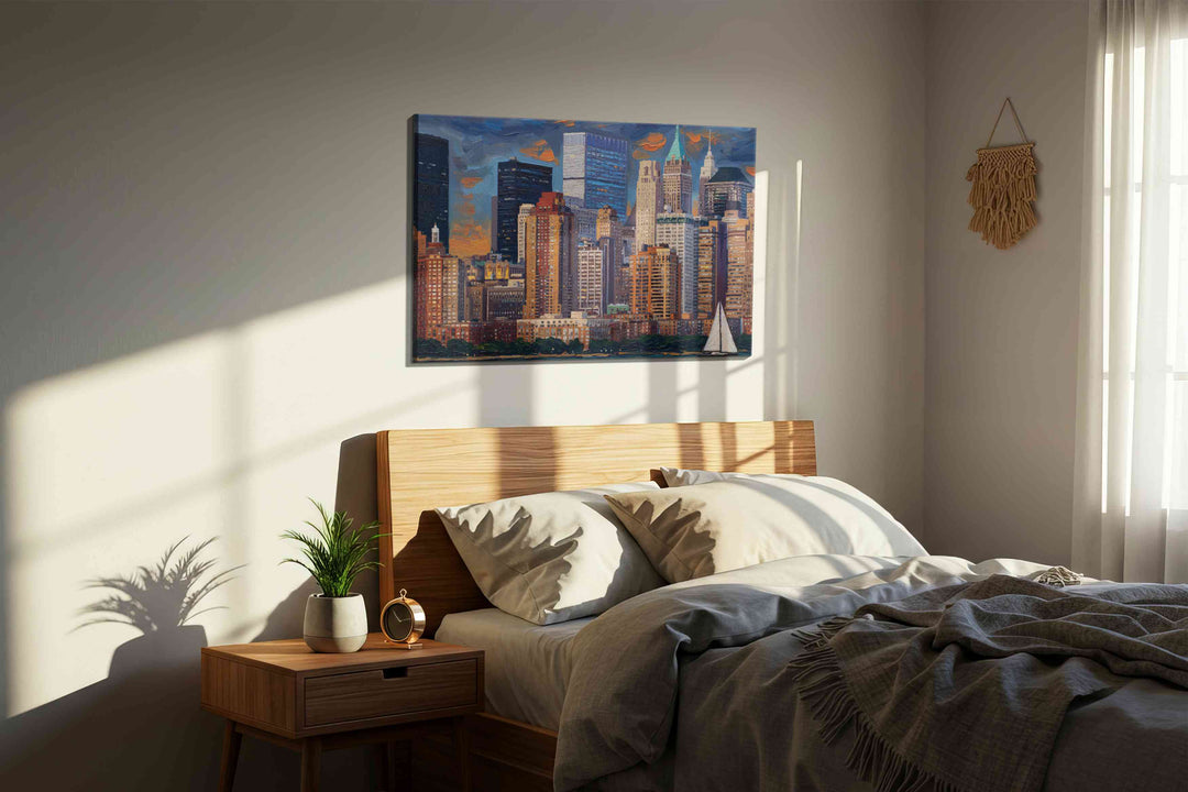 Golden Twilight Skyline – urban canvas wall art, gallery-wrapped, ready to hang