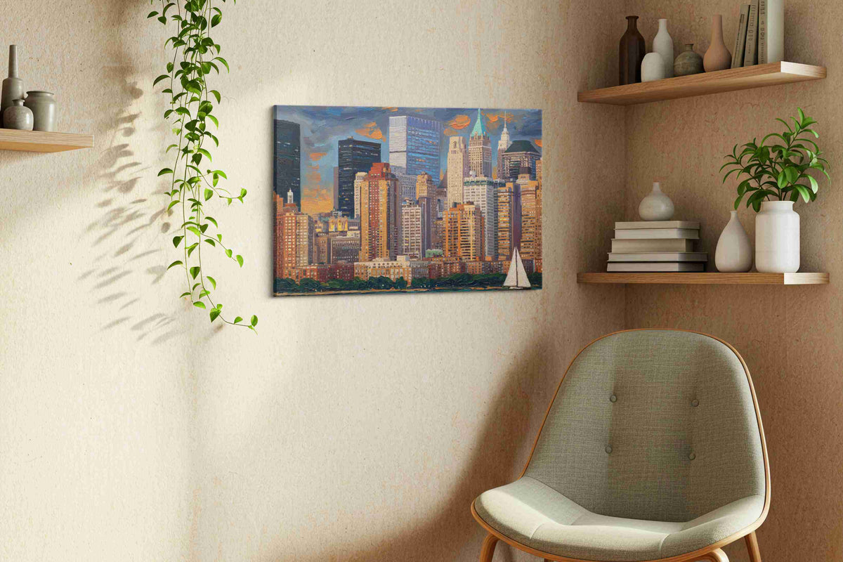 Golden Twilight Skyline urban canvas print, displayed in a living room