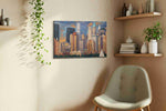 Golden Twilight Skyline urban canvas print, displayed in a living room