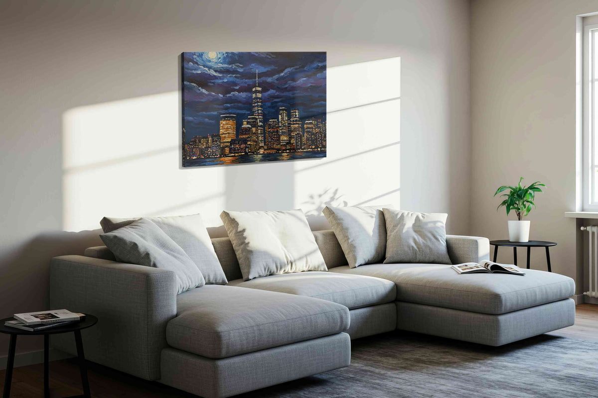 Luminous Cityscape Nocturne urban canvas print, displayed in a living room