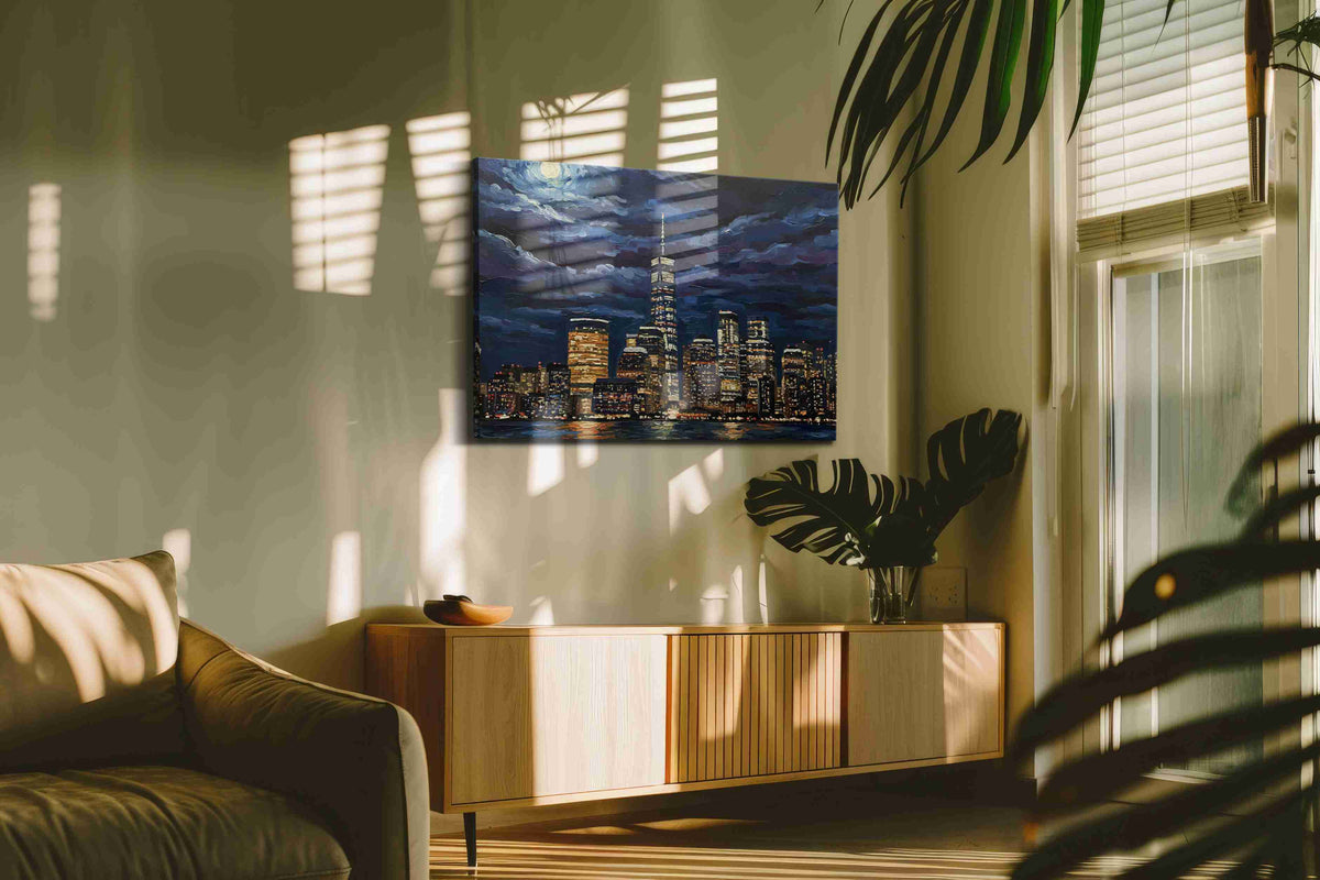 Luminous Cityscape Nocturne urban canvas print, hanging on wall — in a hung canvas mockup