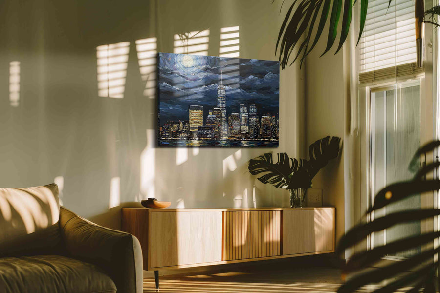 Luminous Metropolis urban canvas print in a contemporary interior mockup