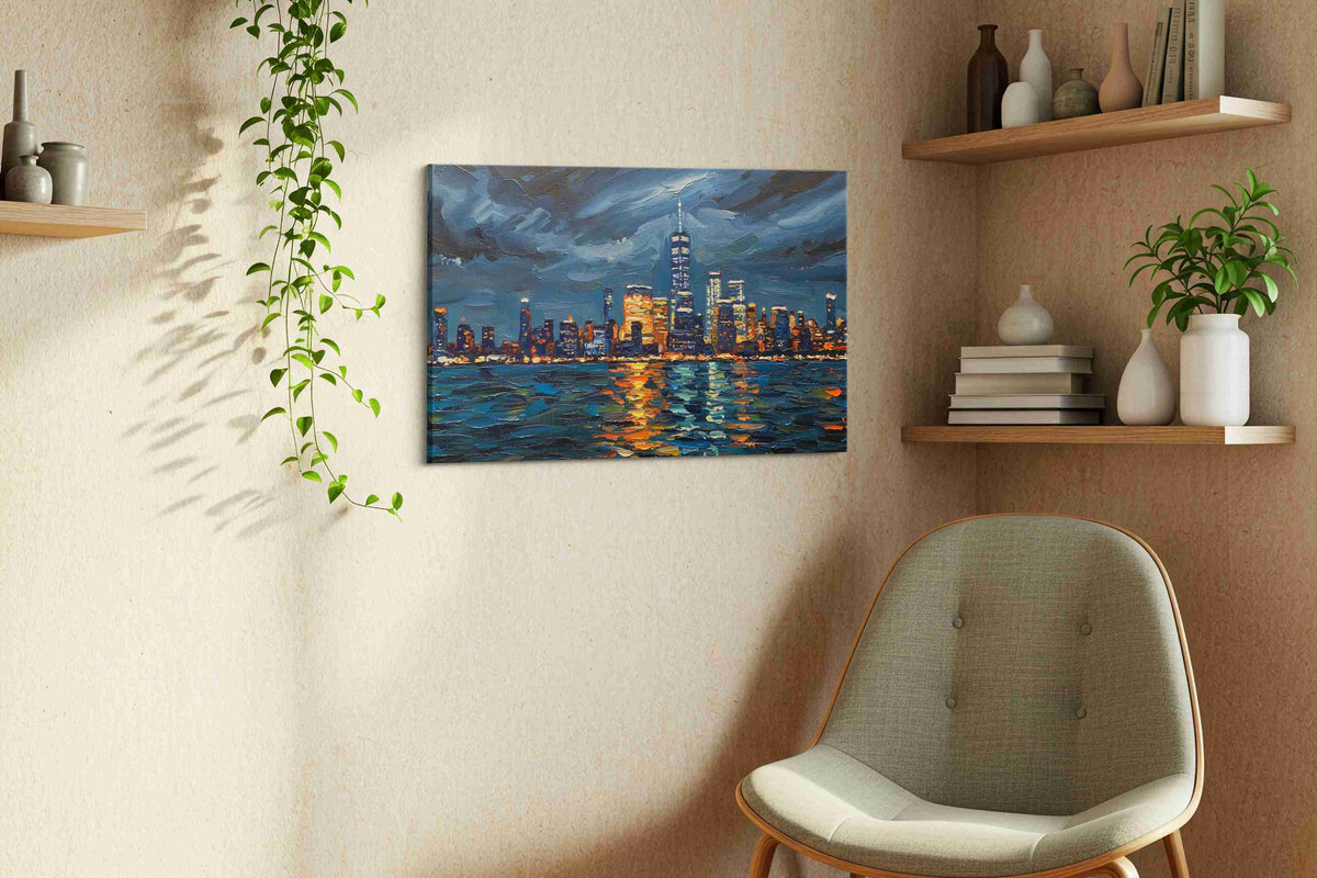 Luminous Metropolis Reflections urban canvas print, hanging on wall