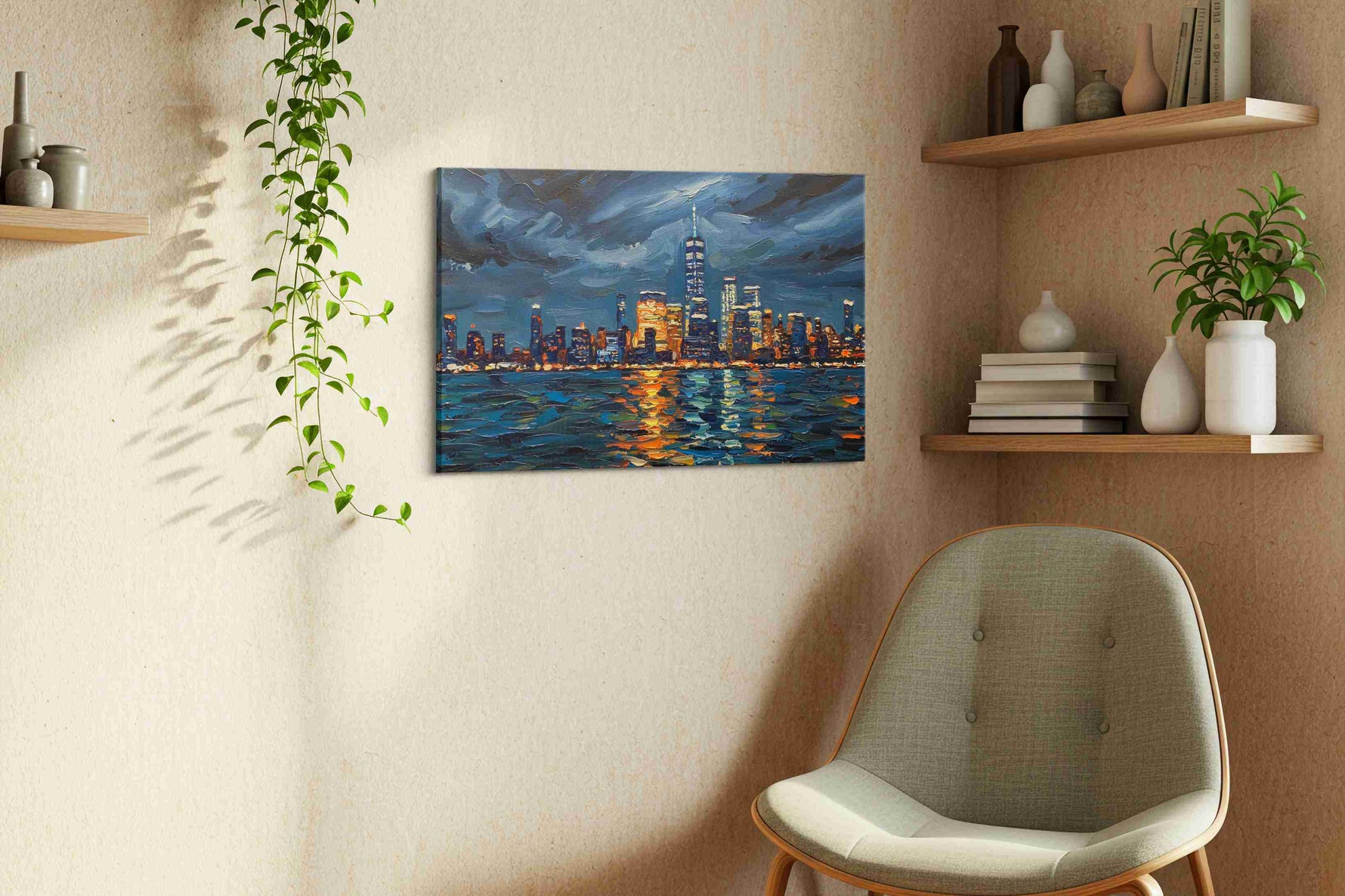 Luminous Metropolis Reflections urban canvas print, hanging on wall