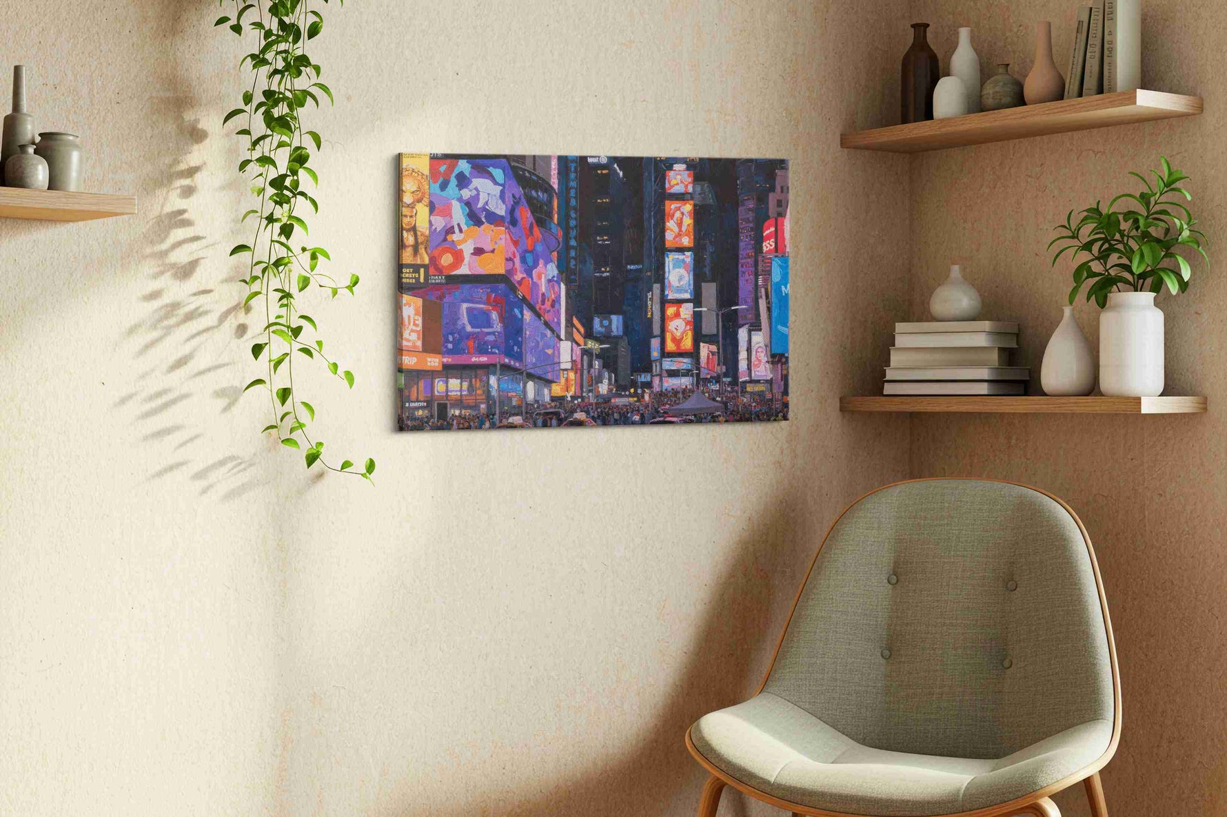 Neon Nights of the City urban canvas print, displayed in a living room