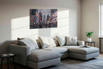 Neon Symphony of the City urban canvas print, displayed in a living room