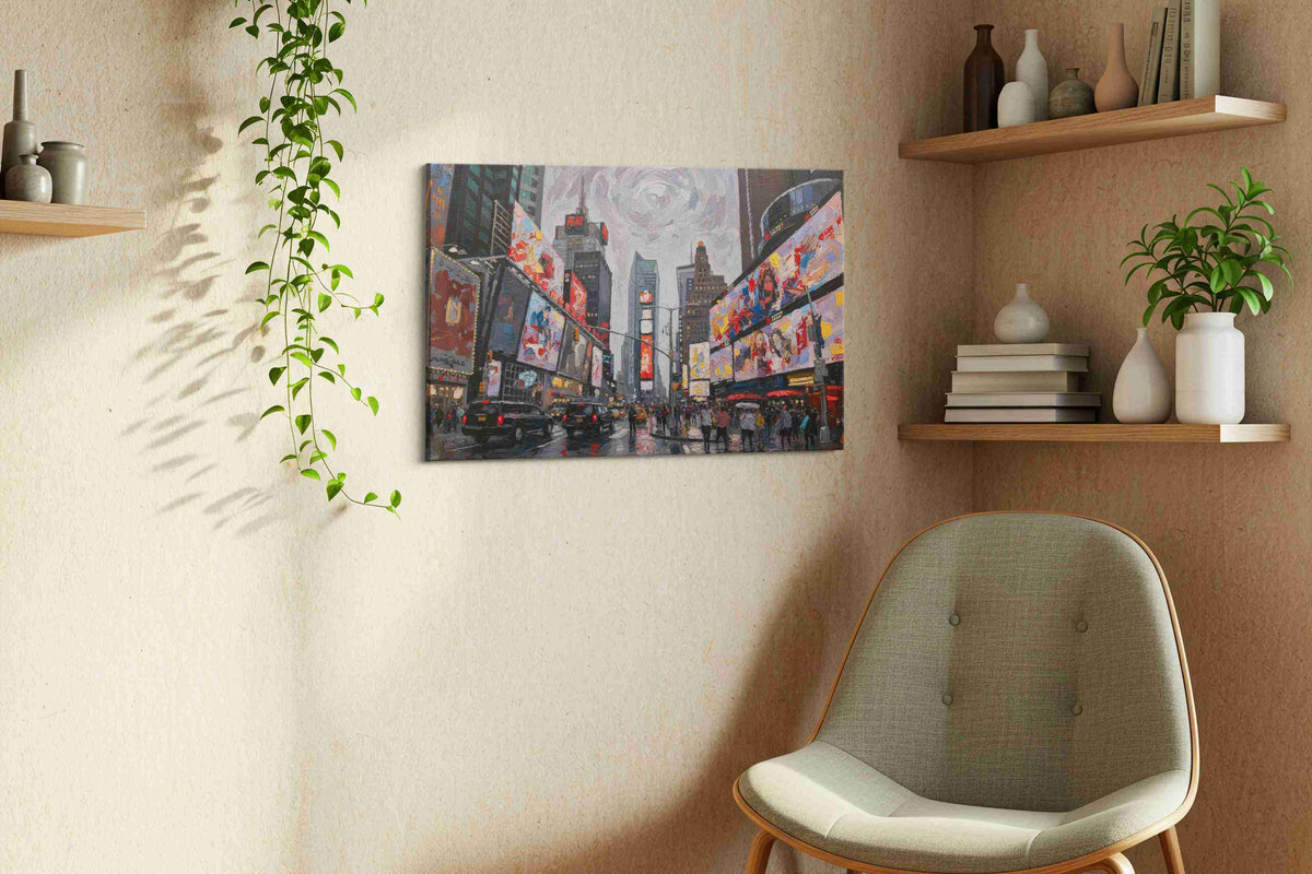 Neon Symphony of the City urban canvas print styled in a living room