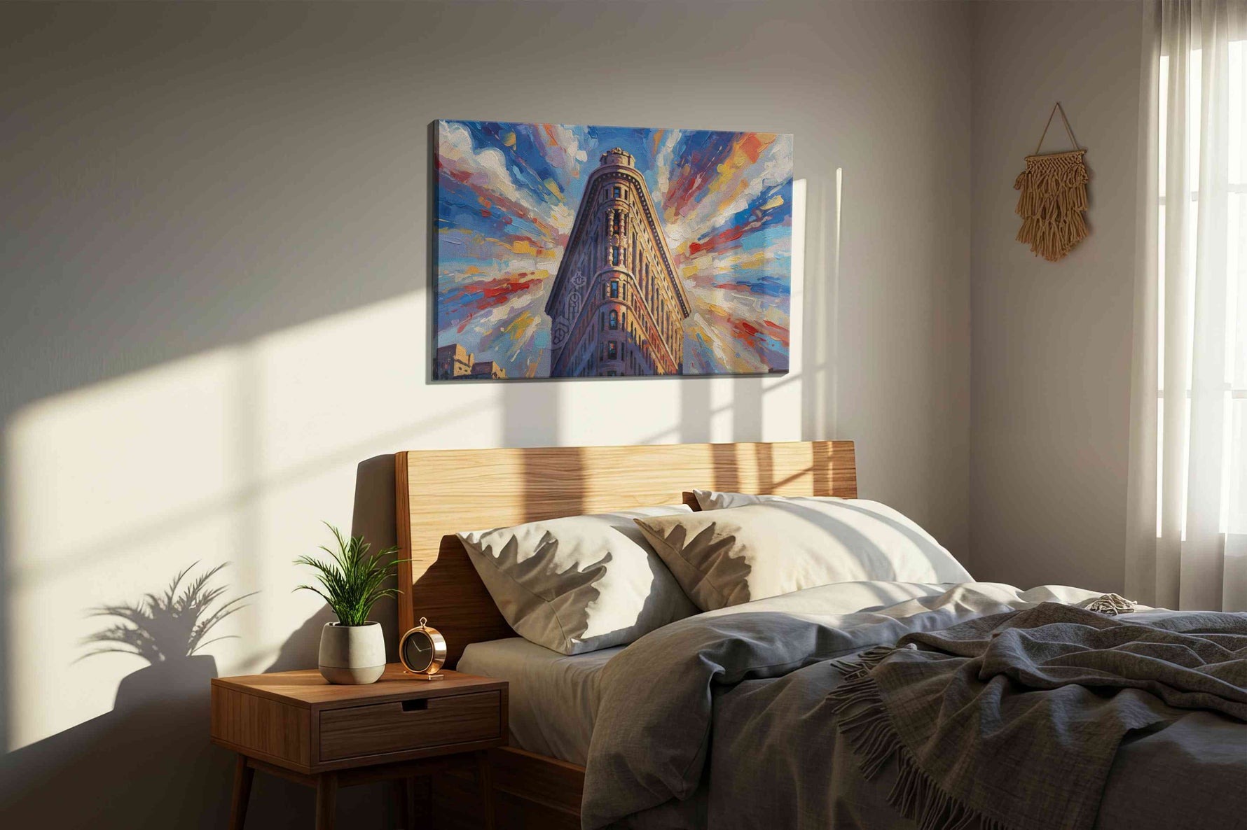 Radiance of the City Spire urban canvas print, displayed in a bedroom