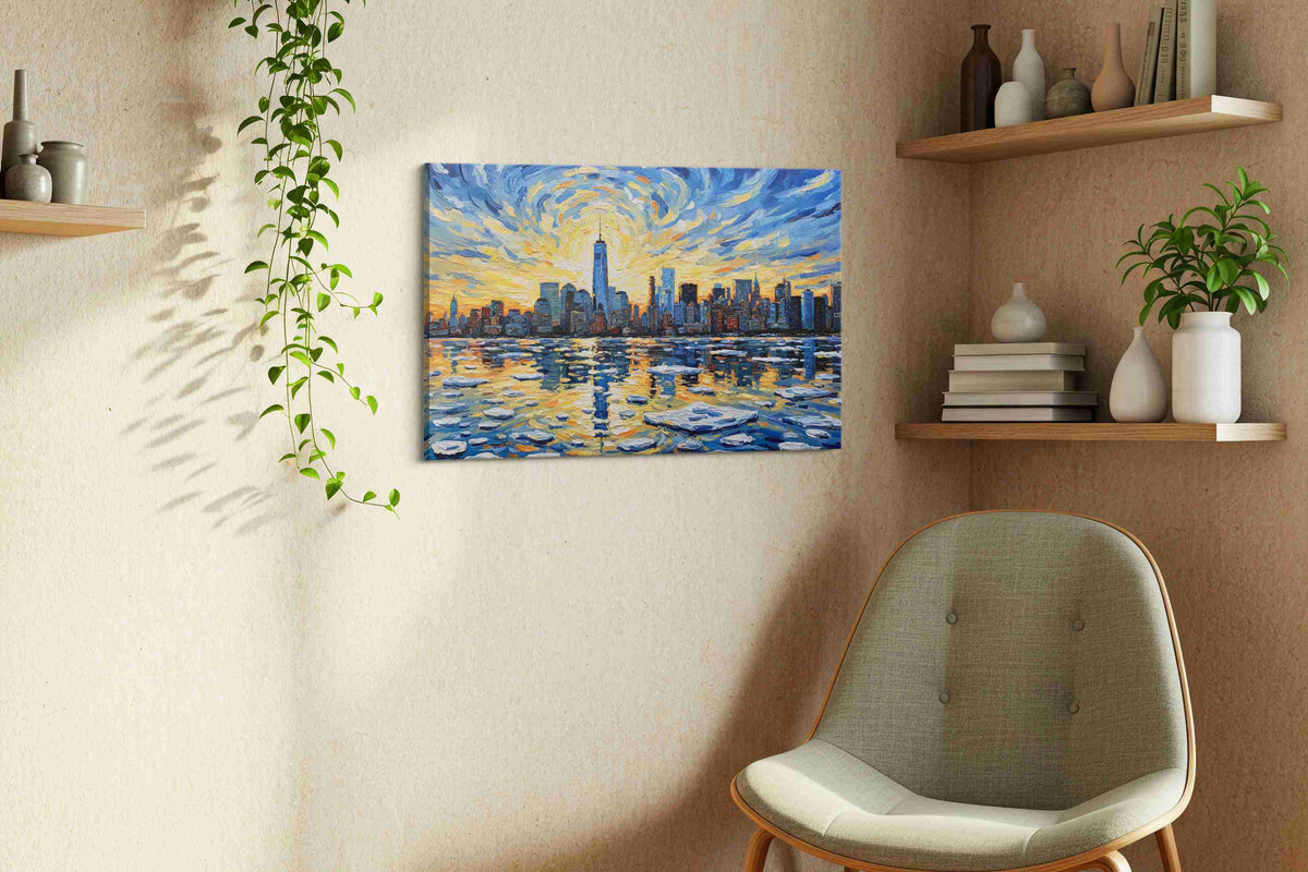 Radiant Skyline Reflections urban canvas print, hanging on wall