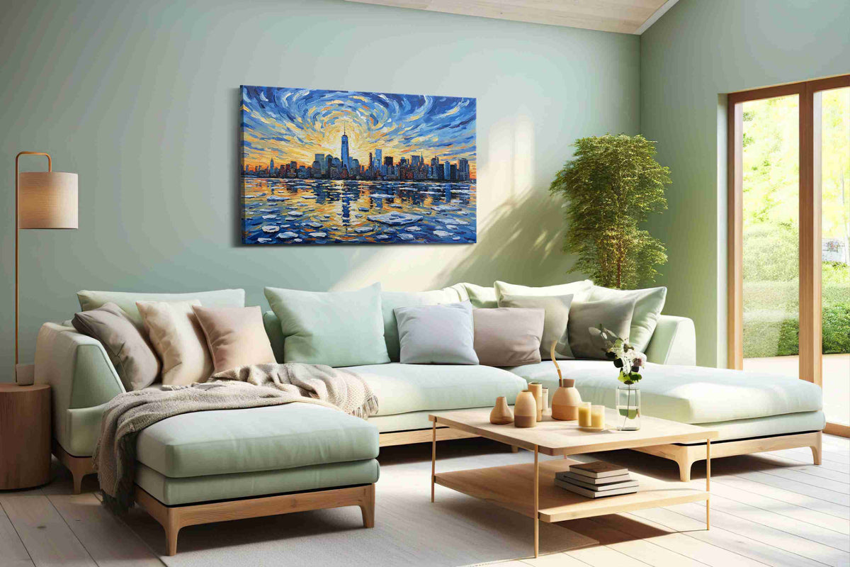 Radiant Skyline Reflections urban canvas print shown in a wall scene