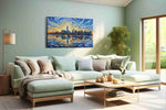 Radiant Skyline Reflections urban canvas print shown in a wall scene