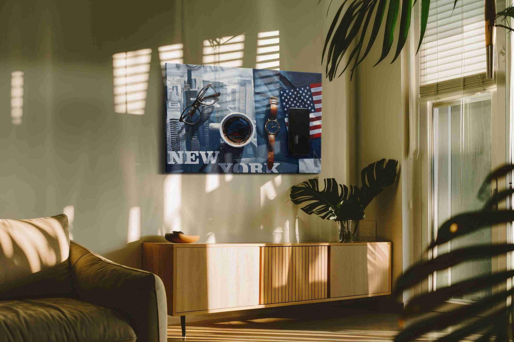 Reflections of New York Mornings urban canvas print, displayed in a living room