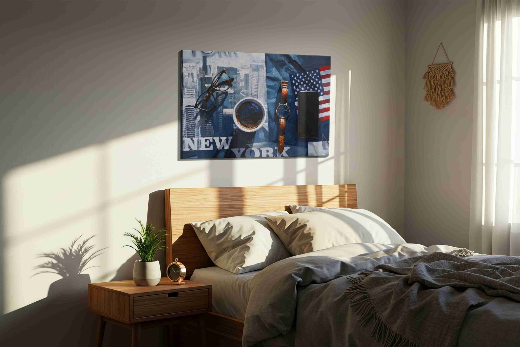 Reflections of New York Mornings urban canvas print, displayed in a bedroom