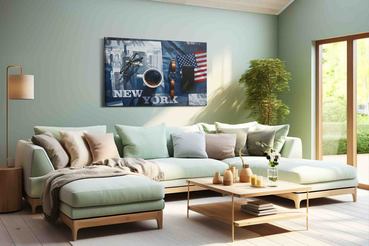Reflections of New York Mornings urban canvas print shown in a wall scene