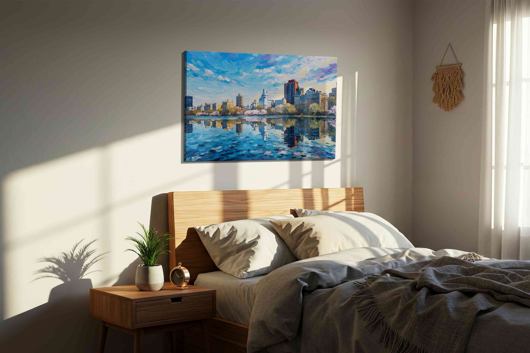 Reflections of a City Dream landscape canvas print, displayed in a bedroom