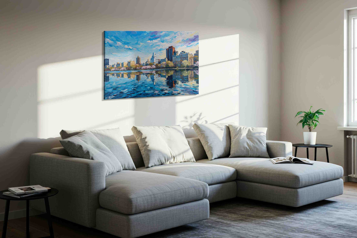 Reflections of a City Dream landscape canvas print, displayed in a living room