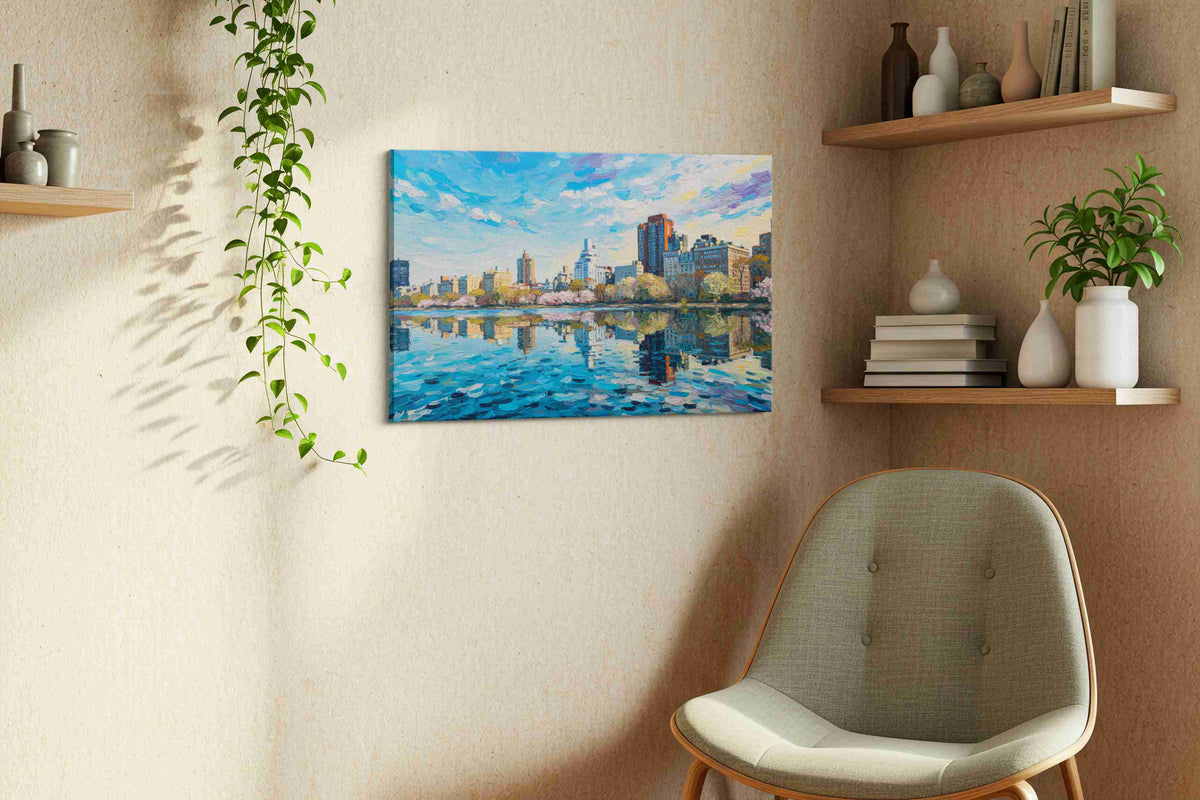 Reflections of a City Dream landscape canvas print, hanging on wall — view 2
