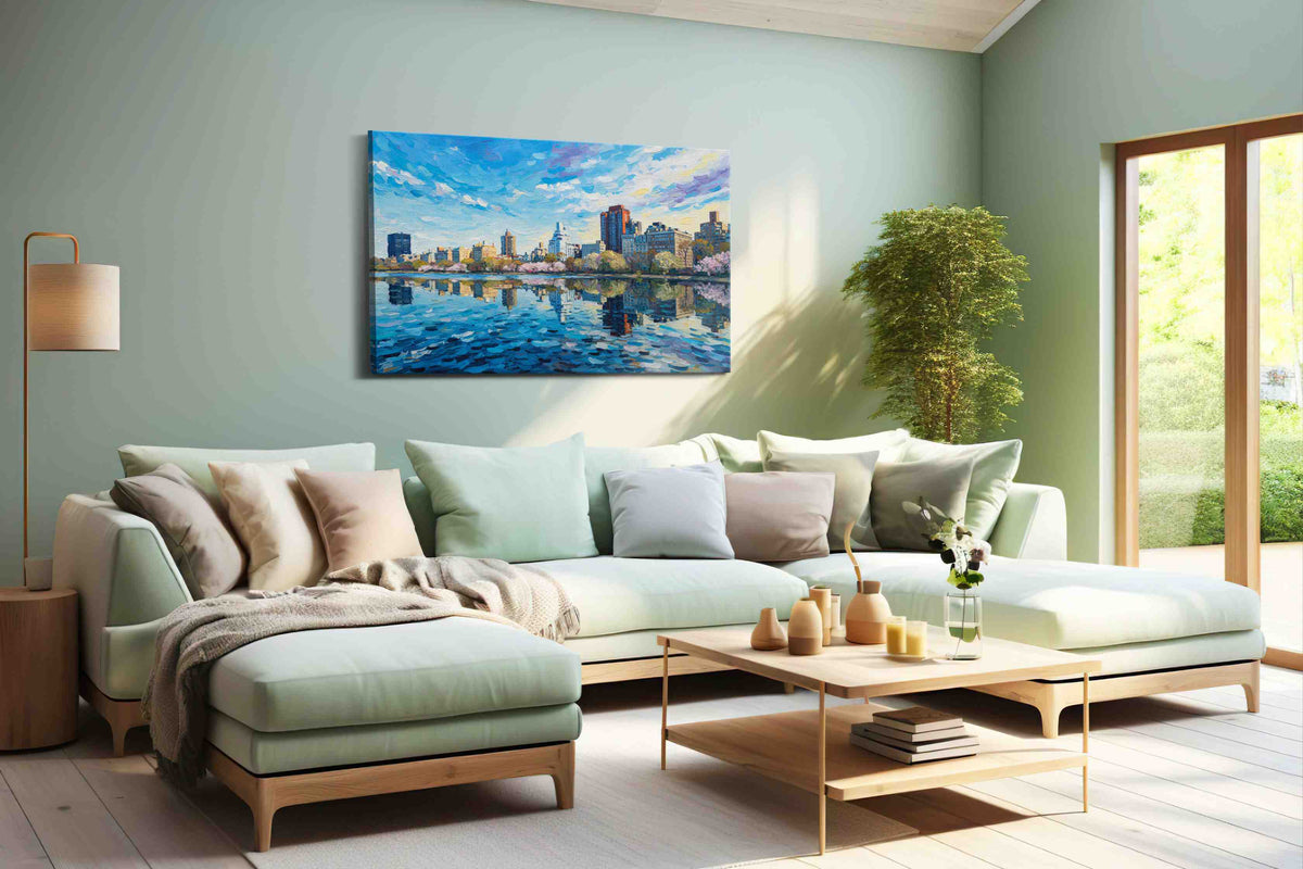 Reflections of a City Dream landscape canvas print shown in a wall scene